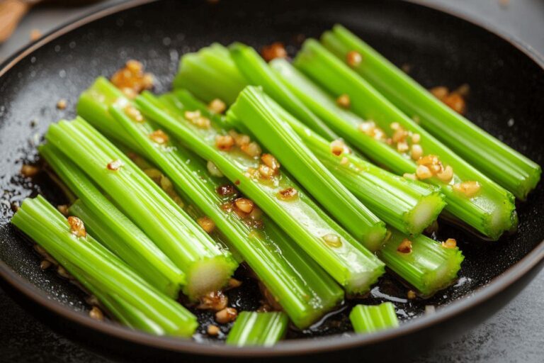 Branches de céleri vert cuit dans une poêle avec des noix