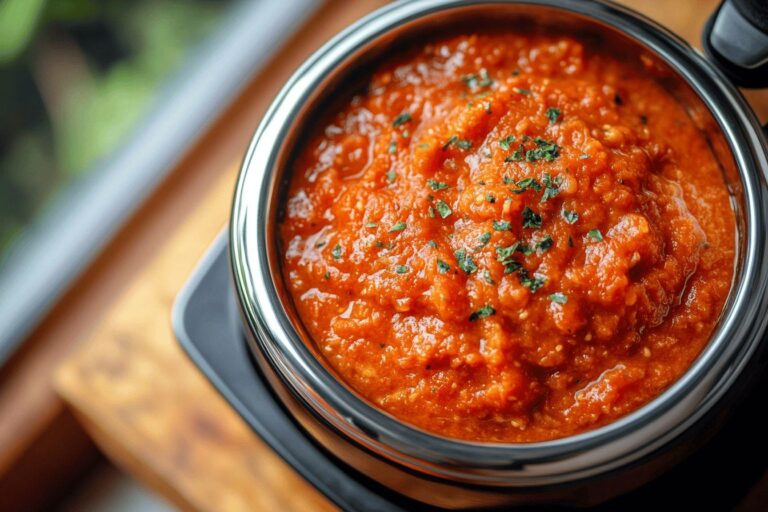 Sauce tomate orange vive dans un récipient métallique